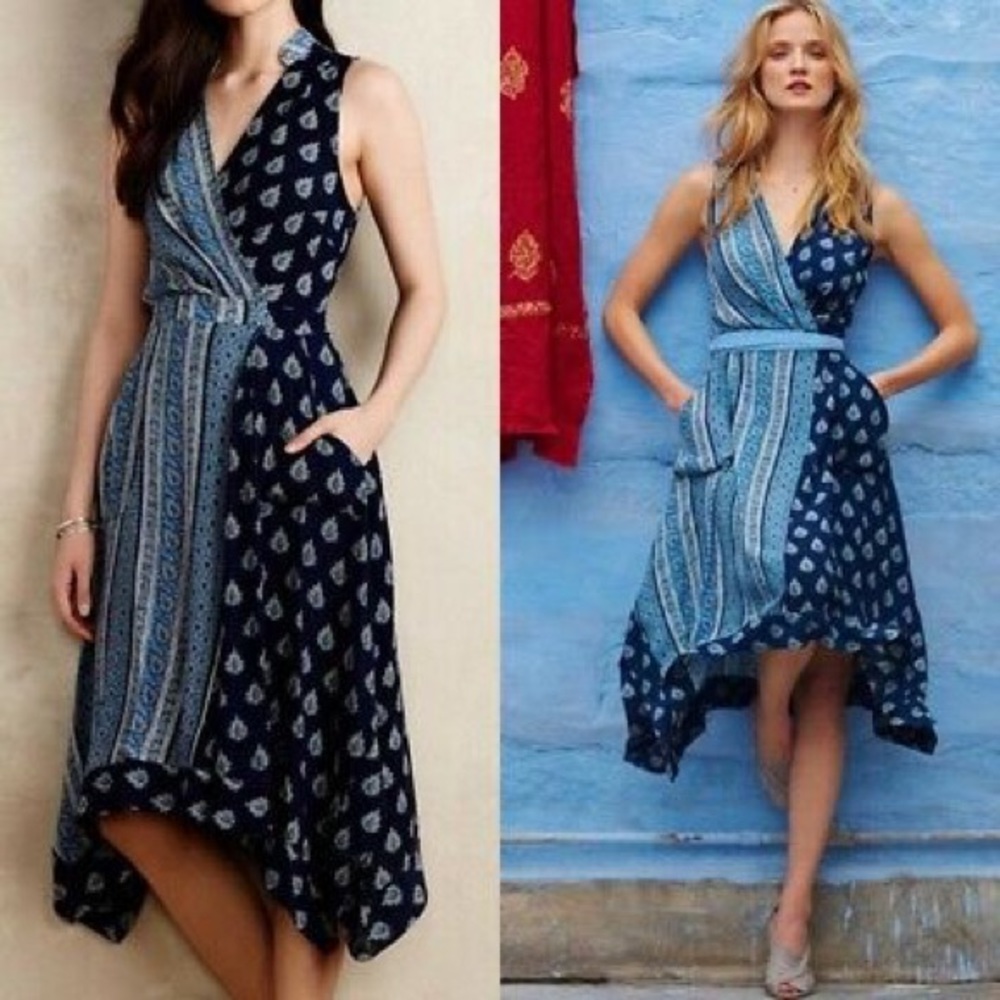 Maeve Blue Paisley Asymmetrical Wrap Dress